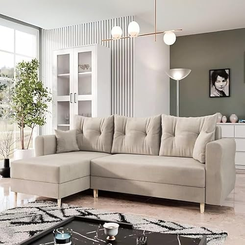 Agritrade AK Zako L Corner Sofa Bed with Storage – Reversible Chaise & Pull-Out Guest Bed (Beige)