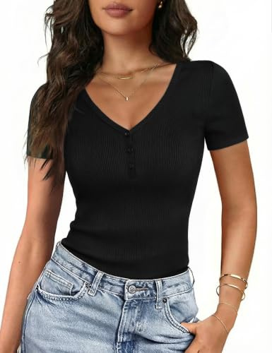 Gyabnw Women's Summer Top V Neck Short Sleeve Ribbed Knit Slim Fit | V neckline, short sleeve design, ribbed knit texture, slim fit, for summer wear, casual everyday styling