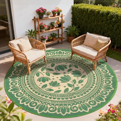 GEANUP Outdoor Teppich Rund Schwarz 180 cm, Boho Wetterfest Wendbarer Outdoorteppich, Kunststoff Terrassenteppich, UV-beständige Balkon Teppich für RV Camping Deck Patio Strand Garten Picknick Grün