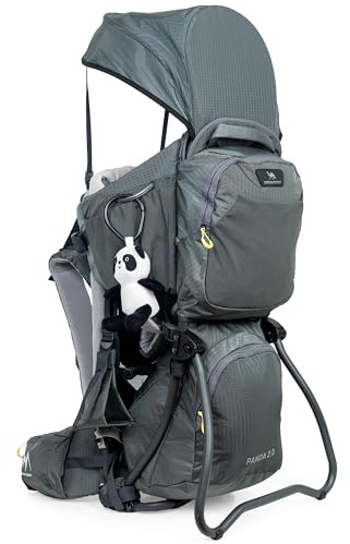 DROMADER Zaino Porta Bambino Montagna | Porta Bimbo Trekking con Parasole | Sedile regolabile, cuscino poggiatesta · Sistema salva-schiena · Parasole retrattile · Portata 18 kg · Panda 2.0 Olive