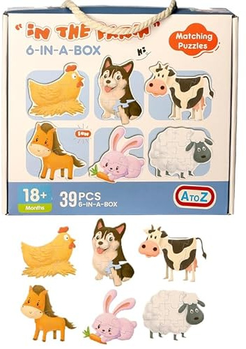 AtoZ Farm Animals Jigsaw Puzzle, 6-in-a-Box Matching Puzzles Set, 39 Pieces, Multicolour, for Ages 18+ Months