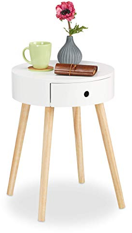 Relaxdays Beistelltisch rund, Schublade, skandinavisches Design, Couchtisch oder Nachttisch, HxØ: 52 x 40 cm, Holz, weiß
