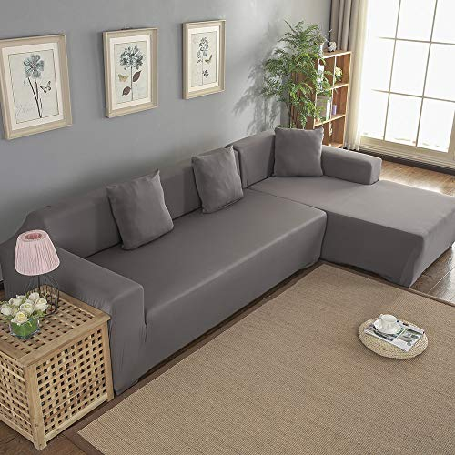 Wakects Sofaüberwurf mit Halbinsel Links/rechts, sofabezug Polyester 3 + 2 Sitzer L-förmiges Ecksofa mit elastische (grau)