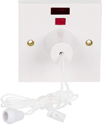 Invero Standard Ceiling Pull Cord Light Switch 2 Way 45 Amp with Neon Indicator - Ideal for Bathrooms and Utility Rooms - White