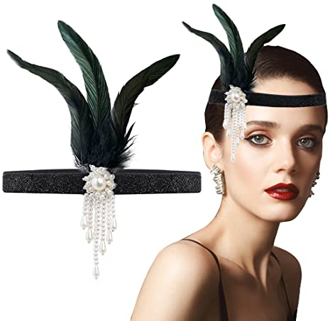 Kopfschmuck 20er Jahre Accessoires, FUKPO 1920s Stirnband Damen Haarreif Gatsby Kostüm Flapper Federn Haarband Weiß
