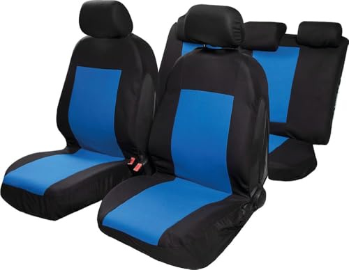 Start Komplettset Saturn Autositzbezüge, Universal-Airbag, Kopfstütze, Polyester, Komfortschutz, Schwarz, Blau