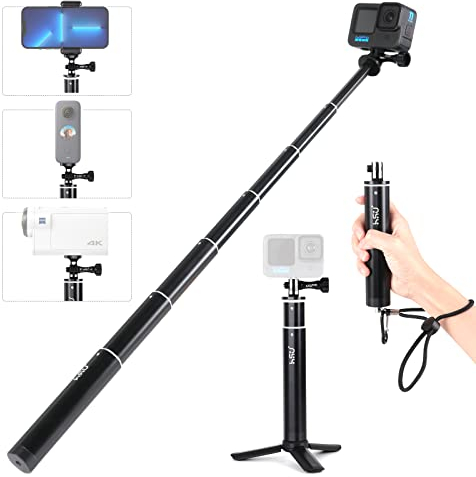HSU Selfie Stick für GoPro, Aluminum Selfie-Stange für Insta360 Action Cam, Teleskopstange für Hero 12/11/10/9/8/7/6/5/4/3 (64cm)
