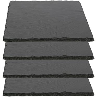 Plato Llano de Pizarra Natural, Fuentes de Cocina, Platos para Sushi, Plato de Pizarra, Bandejas para Servir Alimentos Quesos, Tapas Sushi, Negro, Tablas de Piedra 30 x 30 x 0,8 cm - 4 Unidades