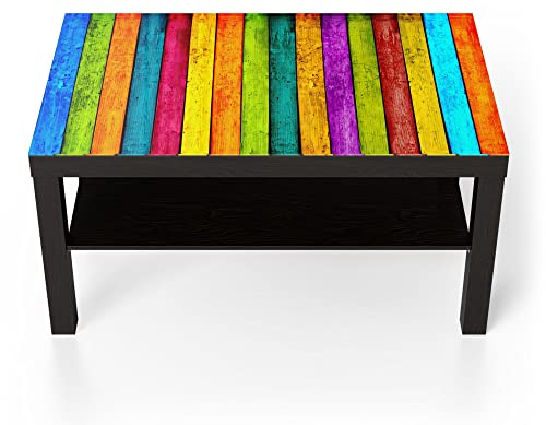 DEQORI Glastisch | schwarz groß 90x50 cm | Motiv Farbige Bretterwand | ausgefallener Beistelltisch aus Glas | Hochglanz Couchtisch fürs Wohnzimmer | moderner Couch Tisch mit Design