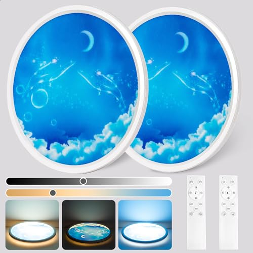 Wholede LED Deckenleuchte Flach, Deckenlampe Rund Dimmbar mit Mond-Motiv 24W, 3000LM, 3000-6500K Ultra Dünn Lampe mit Fernbedienung für Kinderzimmer Wohnzimmer Korridor Balkon Ø29.5cm (2 Stück)