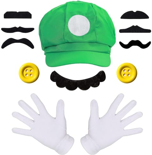 iZoeL Mario Luigi Kostüm Accessories Mütze Hut Handschuhe Bart gelbe Knöpfe Faschingkostüme für Fasching Karneval Halloween Cosplay Mottoparty Kostüm für Kinder Damen Herren