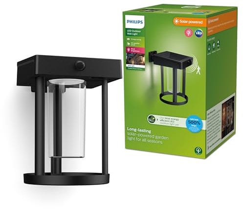 Philips Camill UltraEfficient, Applique murale solaire d'extérieur ronde, 1,4 W, 3000 K, noire, transparente, détecteur de mouvement, IP44 résistante aux intempéries