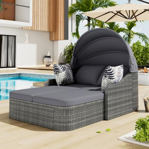 Zravenna Polyrattan Gartenliege Wetterfest 126 X 203 X 120 cm, Allwetter Terrassen Sonneninsel Outdoor mit Verstellbarem Baldachin, Doppel-Lounge, 4 Kissen Und Abnehmbarem Kissenbezug, Grau