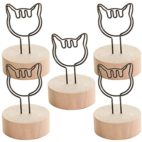 Tsffae 5er-Pack Kreativer Fotohalter Aus Holz, Holzsockel Lustigem Metallclip, Desktop-Dekoration, Memohalter-ständer, Tischkartenhalter