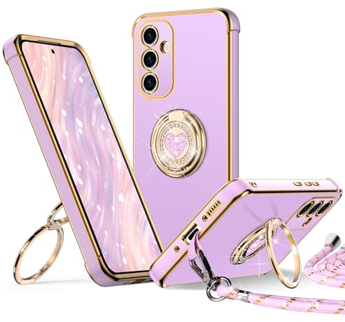 XYZ Cover per Samsung Galaxy A35 5G, con Supporto ad Anello Doppio Cuore, con Cordino per Ragazze e Donne, Cover Protettiva di Lusso Carina e Scintillante per Samsung A35 5G, Viola