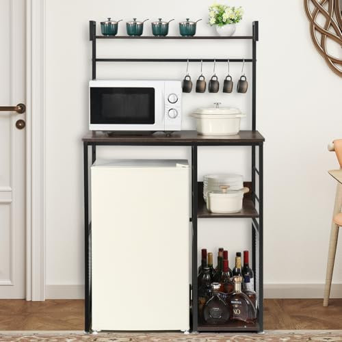 AGESISI 4-Tier Mini Fridge Cabinet Microwave Stand with Storage, 22.8D x 35W x 60.9H Bakers Rack Shelf with 5 S-Shaped Hooks, Freestanding Coffee Bar Organizer for Kitchen Dorm Home, Rustic Brown