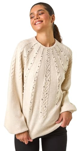 Roman Originals Graduated Faux Pearl Cable Knit Jumper for Women UK - Ladies Everyday Autumn Winter Funnel Neckline Comfy Soft Evening Vacation Work Party Night Out - Natural - Size 14