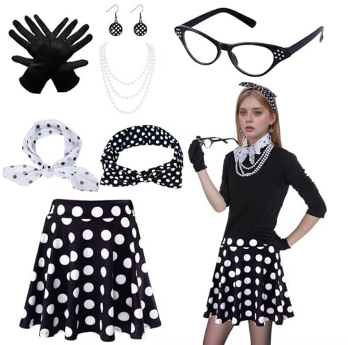 50er Jahre Damen Zubehör 1950s Kostüm Set Damen Hohe Taille Mini Rock Dot Stirnband Katzen Auge Brille Rot Chiffon Schal Handschuhe für Motoparty Retro Teily Party