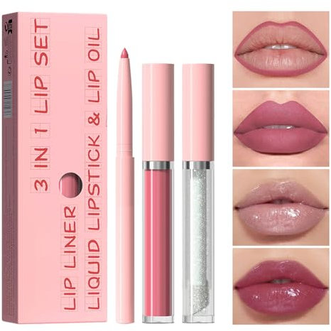 Rose Pink 3-in-1 Lipgloss Set, Nude Pink Lipliner Long Lasting Waterproof Lip Stick Non-fading Full-Coverage Highly Pigmented Lip Stain Shiny Lip Gloss Set, Gift for Women