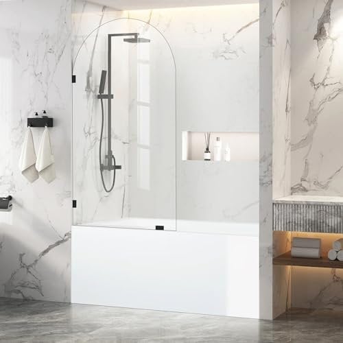 Frameless Bathtub Shower Glass Door, 34 W X 66.75 H Single Fixed Shower Bath Panel with Clamps, 5/16(8mm) Clear Tempered Glass Bathroom Shower Screen for Bathtub, Tub Glass Shower Door (Black)