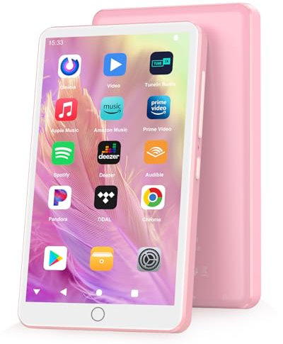 144GB MP3 Players with Bluetooth WiFi, Android 13 OS MP3 MP4 Players with 4 Touchscreen and Speaker, MP3 Music Players with Spotify, Audible, Amazon Music, Play Store (Pink)