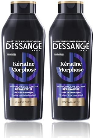 DESSANGE - Shampoing Sans Sulfates Réparateur Kératine Morphose - Formule Enrichie En Kératine Végétale & Acide Hyaluronique - Répare & Protège La Fibre Capillaire - Cheveux Abîmés - Lot de 2 X 280ml