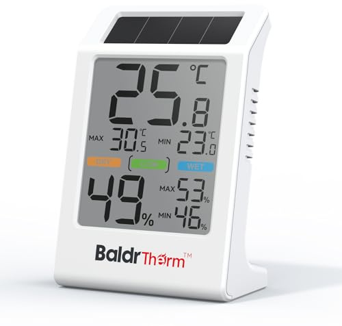 BaldrTherm Thermomètre d'intérieur avec capteur de température numérique à énergie solaire de 8,1 cm avec lecture max/min (blanc, 1P)