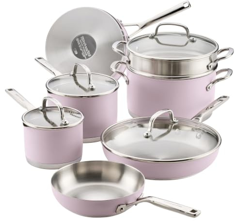 KitchenAid Color-Finished Stainless Steel 3-Ply Base Cookware Set, 11-Piece, Wildflower