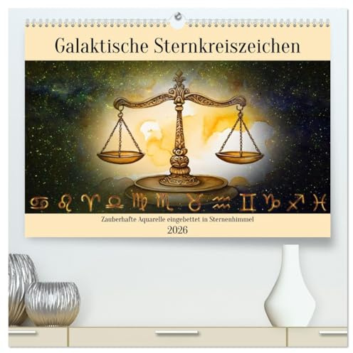 Galaktische Sternkreiszeichen (hochwertiger Premium Wandkalender 2026 DIN A2 quer), Kunstdruck in Hochglanz: Zauberhafte Aquarelle eingebettet in Sternenhimmel (CALVENDO Hobbys)