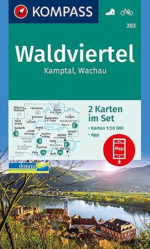 KOMPASS Wanderkarte Waldviertel, Kamptal, Wachau: 2 Wanderkarten 1:50000 im Set inklusive Karte zur offline Verwendung in der KOMPASS-App. Fahrradfahren. (KOMPASS-Wanderkarten, Band 203)