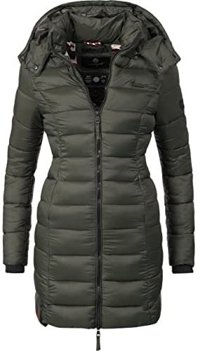 MARIKOO Damen Langer Wintermantel Warmer Steppmantel mit Abnehmbarer Kapuze Abendsternchen Grün Gr. L