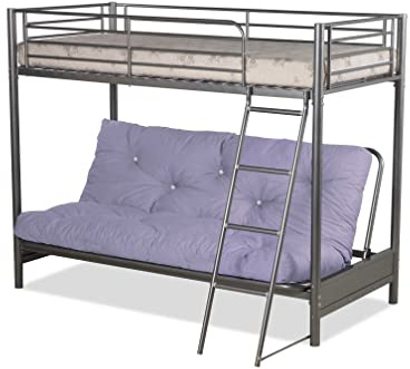 Humza Amani Futon Bunk Bed – Silver Metal Frame with Lilac Futon Mattress – 3FT Top Bunk & 4FT6 Convertible Sofa Bed – Space-Saving Contemporary Design for Guest Accommodation