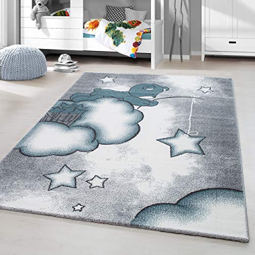 HomebyHome Kinderteppich Blau 120 cm Rund Niedliches Bärenmuster Kleiner Jungen Teppich Kinderzimmer Kurzflor Teppich Extra Weich Antiallergen Babyzimmer Teppich