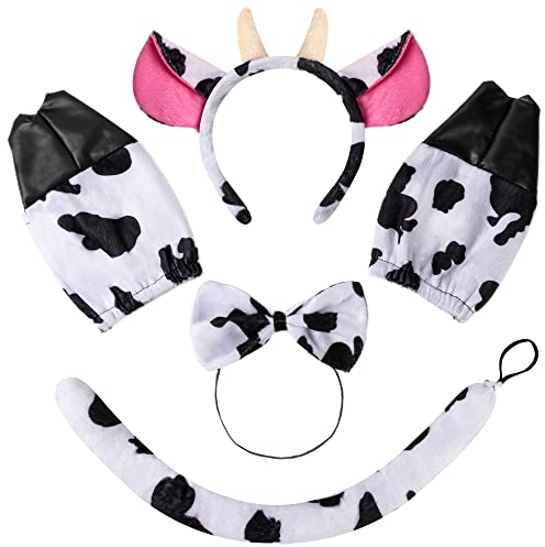 Spooktacular Creations Conjunto de accesorios de vestuario de vaca de 5 piezas con diadema de cuero de vaca, corbata de lazo, guantes y accesorios de cola del vestuario de vaca animal