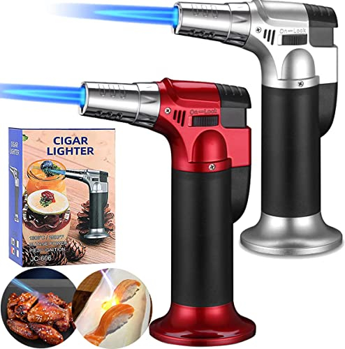 2pcs Blow Torch Lighter Butane Torch Lighter Refillable Kitchen Cooking Torch with Safety Lock Adjustable Flame for Desserts Creme Brulee BBQ Baking Camping-Butane Gas Not Included (Silver & Red)