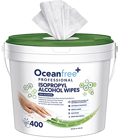 Ocean Free Pro 70% Isopropyl Alcohol Disinfection Wipes - Tub of 400 - Multi Purpose Medical Grade Professional IPA based Disinfection - Made in the UK (Single)