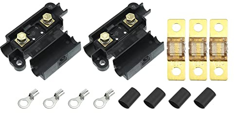 X AUTOHAUX Ensemble Fusible 120A Noir Doré 1 Kit pour Auto Marine Audio | 2x Porte-Fusibles, 3x Fusibles 120A, 4x Bornes, 4x Tubes, Porte-Fusible 71x51x18mm, Trou 5.3/5.4mm, Ignifuge