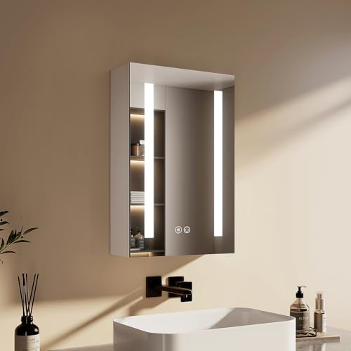 EMKE Spiegelschrank Bad mit Beleuchtung 40x60cm, Antibeschlag, 3 Lichtfarbe dimmbar, Steckdose, Spiegelschränke fürs Bad mit Glasablage, Speicherfunktion, Weiß doppelspiegel spiegelschrank