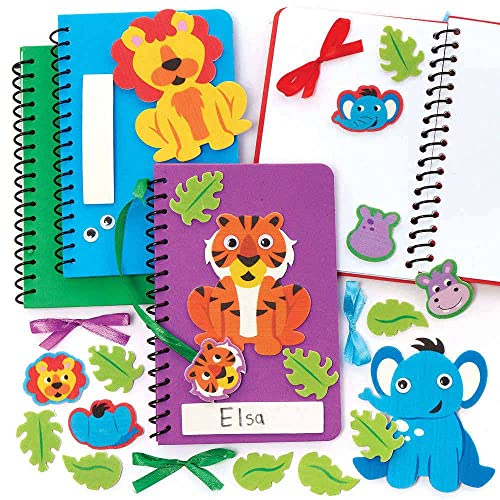 Baker Ross FC918 Dschungel Tier Notizbuch Bastelsets - 4er Pack, Kleine Geschenke für Kinder, Kindergeburtstag Mitgebsel Set