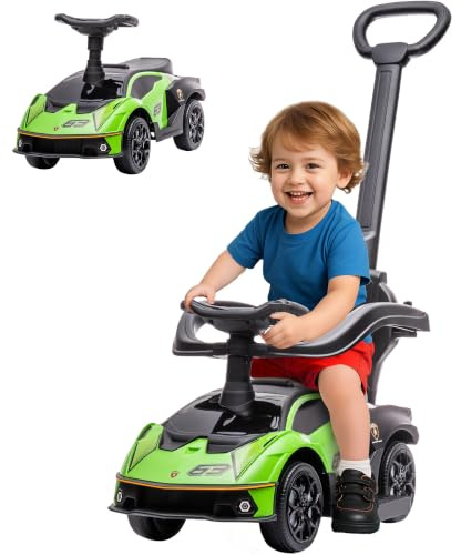 AIYAPLAY Lamborghini Licensed 3 in 1 Kids Ride on Push Car 1-3 Years Green | Toddler Push Along Car, Parent Handle, Foot To Floor Slider, Under Seat Storage, Horn, No Power