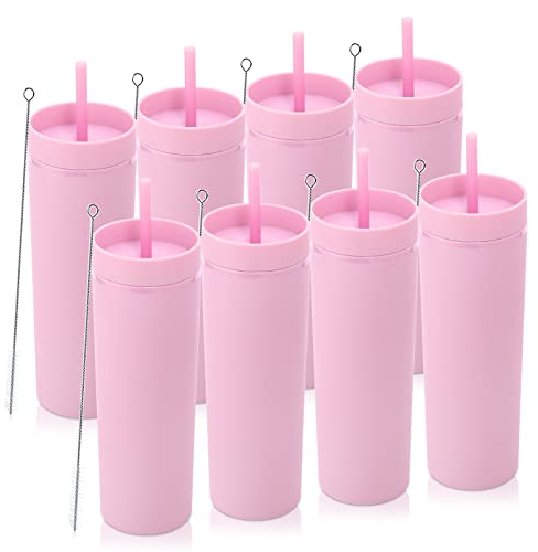 Volhoply 600ml Tumbler en Plastique Réutilisables Lot de 8,Tasse en Plastique à Double Paroi avec Couvercle et Paille,Gobelets à Café en Acrylique de Matte Libre BPA pour Soirées,Cadeaux(Rose,8 Set)