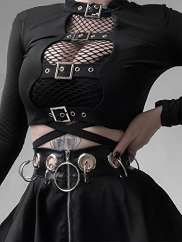 Sarge Sexy Women Crop Tops Hollow Out Buckle Long Sleeve Female Bodycon Tops Gothic Punk Black Tops Streetwear Party Lady Goth Tee, L