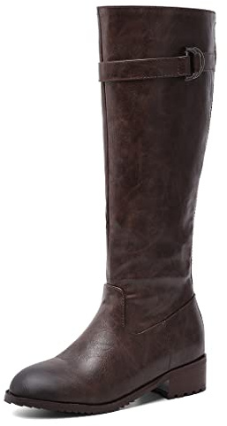 REKALFO Kniehohe Stiefel aus weichem Leder für Damen mit klobigem Blockabsatz und Reißverschluss Slouchy Boots Dunkelbraun 42 EU