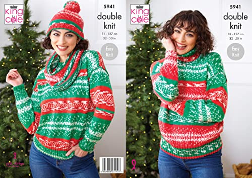 King Cole Ladies DK Knitting Pattern Easy Knit Round or Polo Neck Sweater Cowl & Hat (5941), Multi, 32'' - 50''