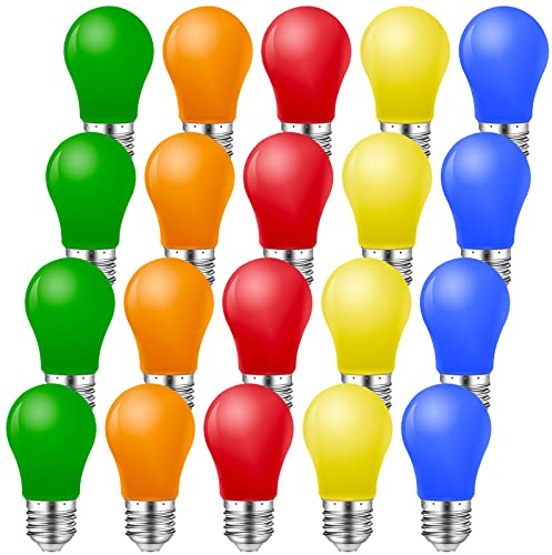 MZYOYO 20er Pack Bunte Glühbirnen E27 1W,Farbige LED Glühbirne,Bunt außen,Bunte Birnen E27 Außen,Rot Gelb Blau Grün Orange,für Lichterkette Party Dekoration