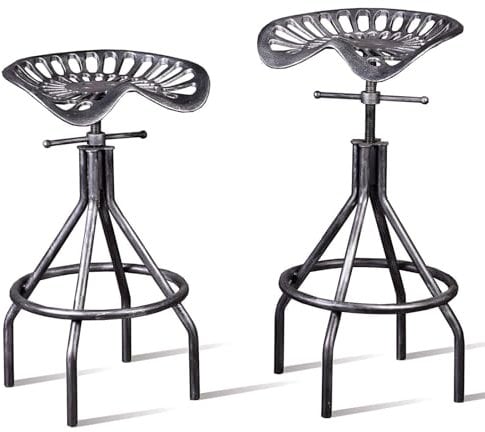 LOKKHAN Industrieller Barhocker, Gusseisen, Traktorsitz, verstellbar, drehbar, Metall, Bauernhaushocker, Frühstücks-Barhocker, Thekenhöhe, 67 - 76 cm, Schwarz, gebürstetes Silber, 2 Stück