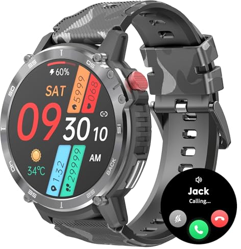 Militär Smartwatch Herren Blutdruckmessung Sportuhren Telefonfunktion,Musikspeicher,Direkt Koppeln mit Bluetooth Kopfhörer Kabellos,Uhr Schrittzähler Fitnessuhr mit Blutdruck Outdoor IP68 Wasserdicht