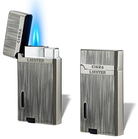 Futlidys 2 Pack Jet Lighter, Double Jet Flame Gas Lighter with Protect Cover, Butane Refillable and Adjustable Flame Windproof Torch Lighter, Vintage with Brushed Pattern. Grey(Sold without Gas)