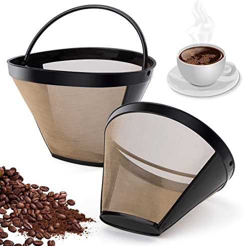 2 PCS Goldtonfilter Kaffee Dauerfilter 6-8 Tasse Edelstahl Kaffee Filter Mesh Korb Waschbar Kaffeefilter Für 8-12 Tassen Kaffee, Filtergröße 4, mit Edelstahlgewebe, Griff