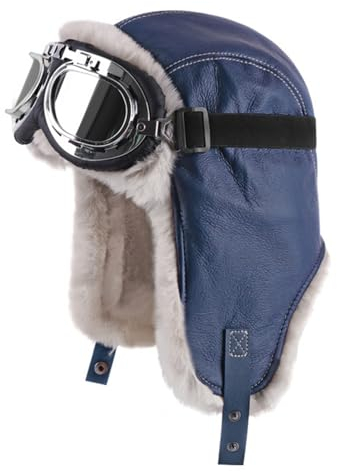 Lifup Unisex Vintage Fliegermütze und Brille, Hunting Hut mit Ohrenschützern aus Pelz, Trappermütze mit Kunstleder Fellmütze Herren Russenmütze Blau
